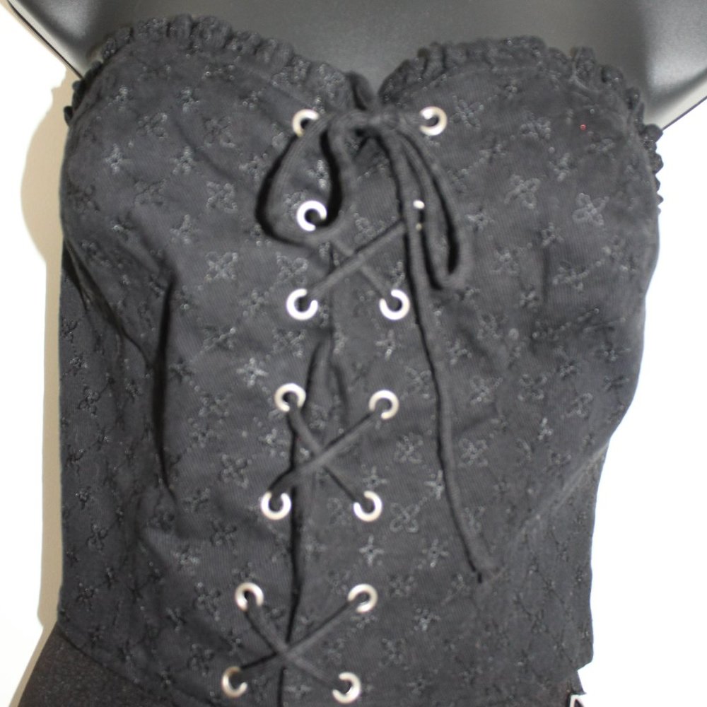 Black Denim Bustier Embroidered Flowers